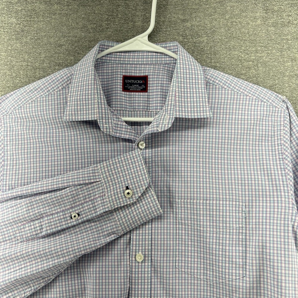 Untuckit Shirt‎ Men Size Large Blue Red Checked Long Sleeve  Casual Cotton Blend